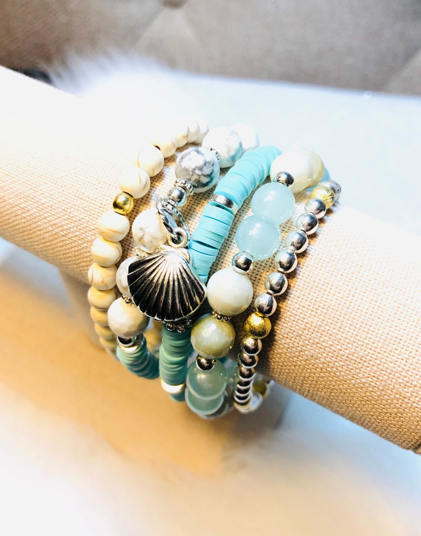 Silver Gold Amazonite Howlite Gemstone Heishi Bracelets