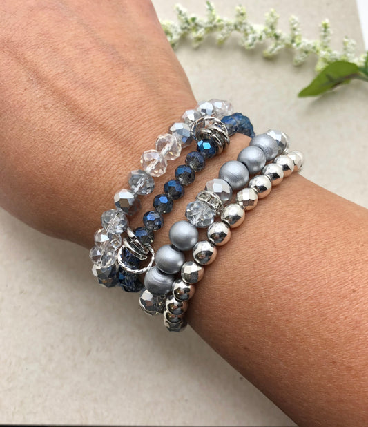 Beaded Bracelet Stack- Set of Four Silver & Blue Stretch