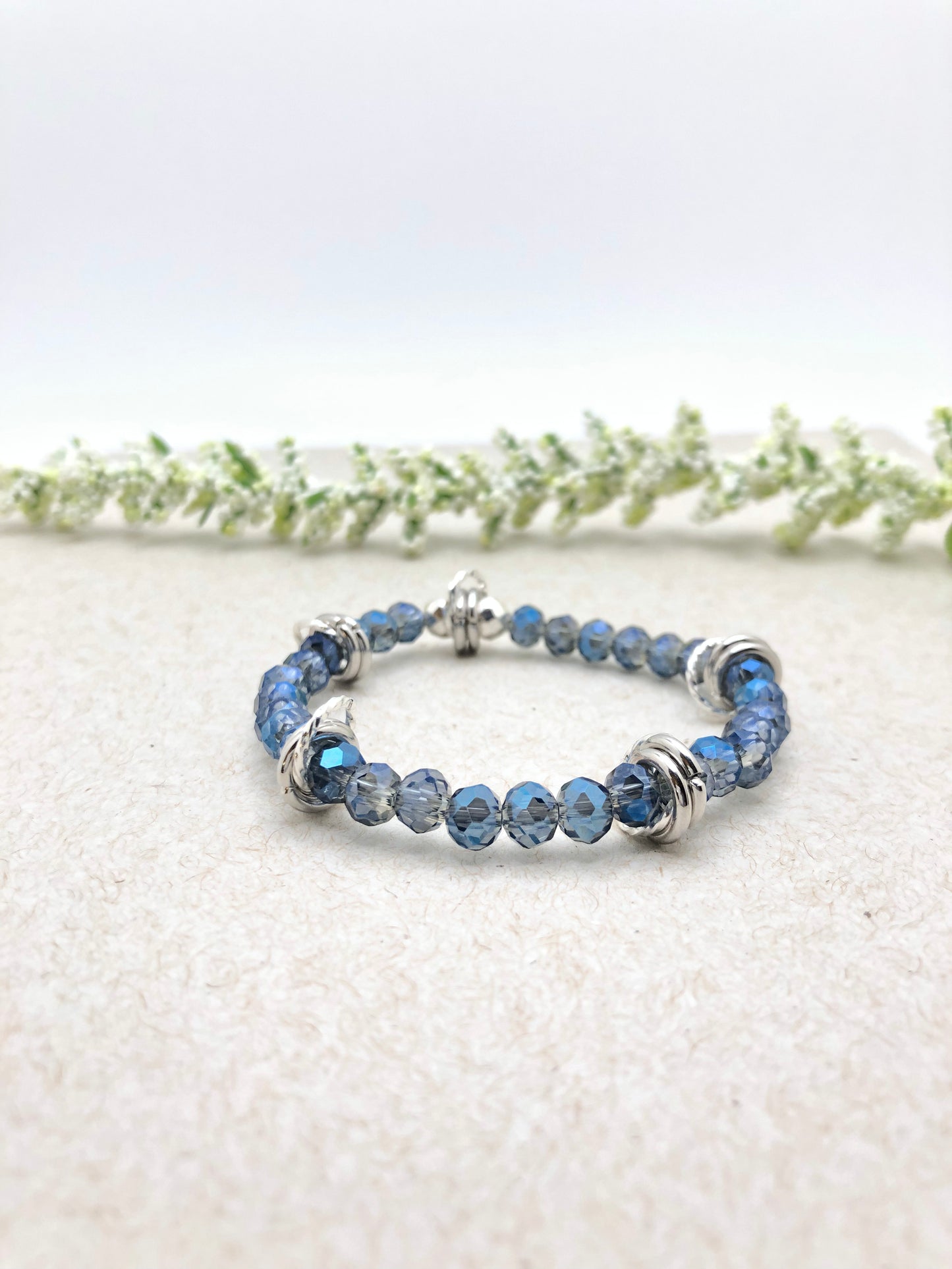 Beaded Bracelet Stack- Set of Four Silver & Blue Stretch