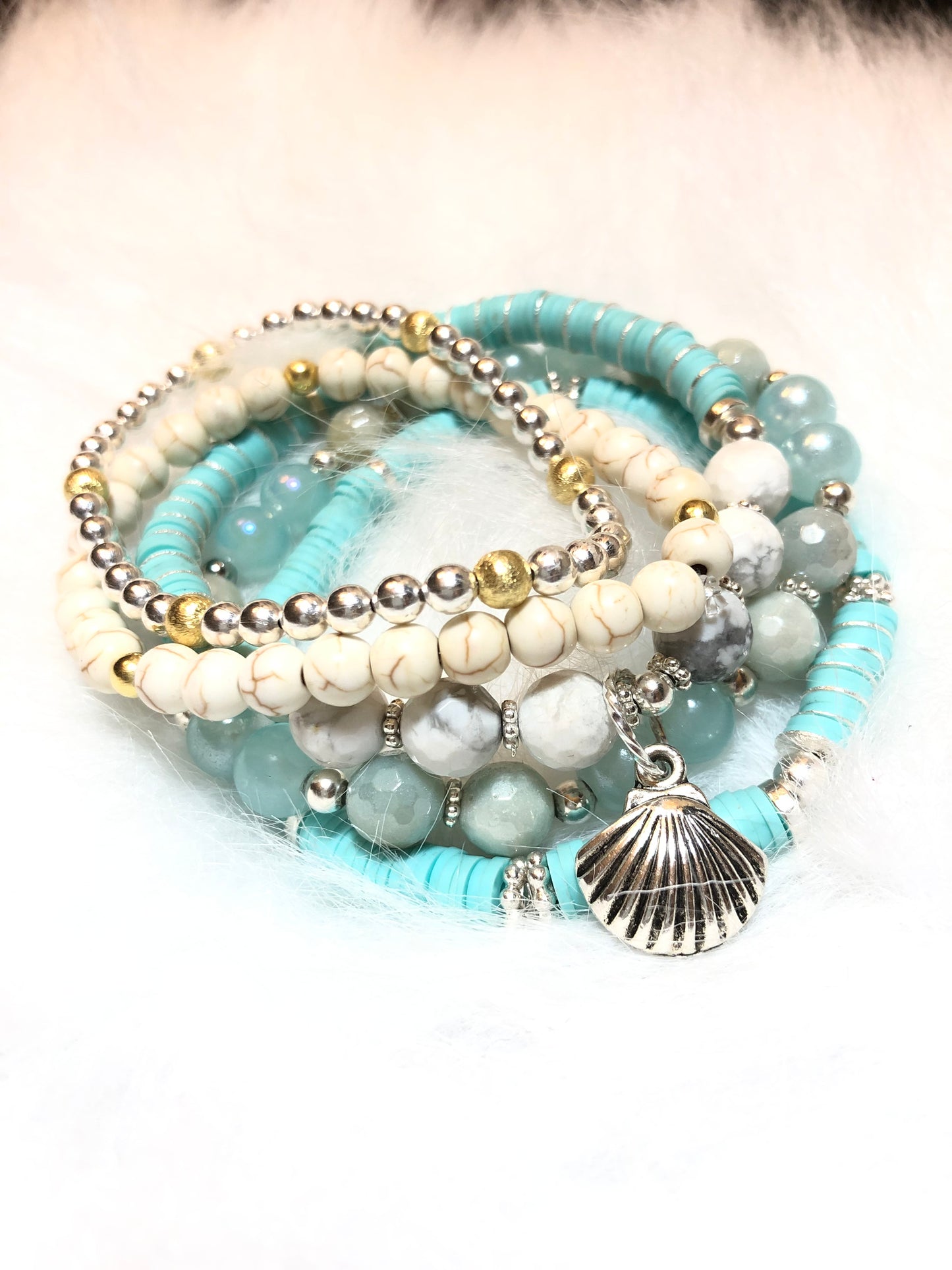 Silver Gold Amazonite Howlite Gemstone Heishi Bracelets