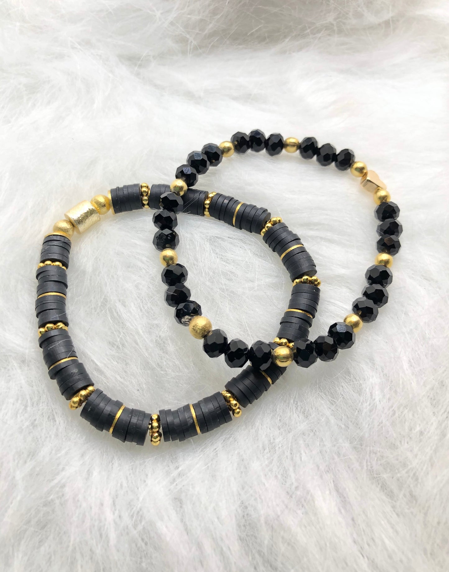 Heishi Black and Gold Bracelet Set