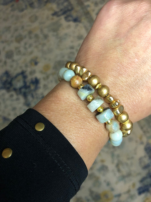 Natural Amazonite Bracelet and Gold Chip Set