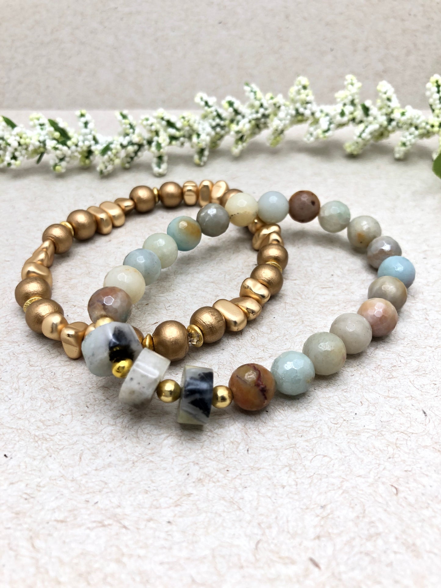 Natural Amazonite Bracelet and Gold Chip Set