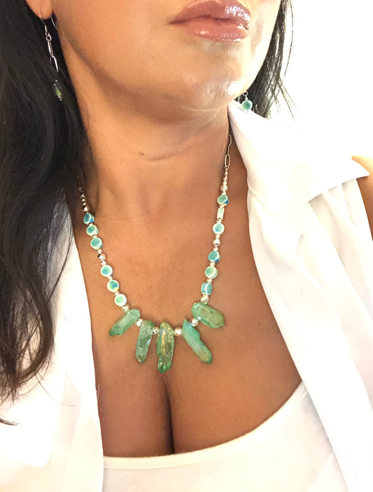 2pc Sea Blues Greens Ceramic Green Quartz Focal Necklace Set,