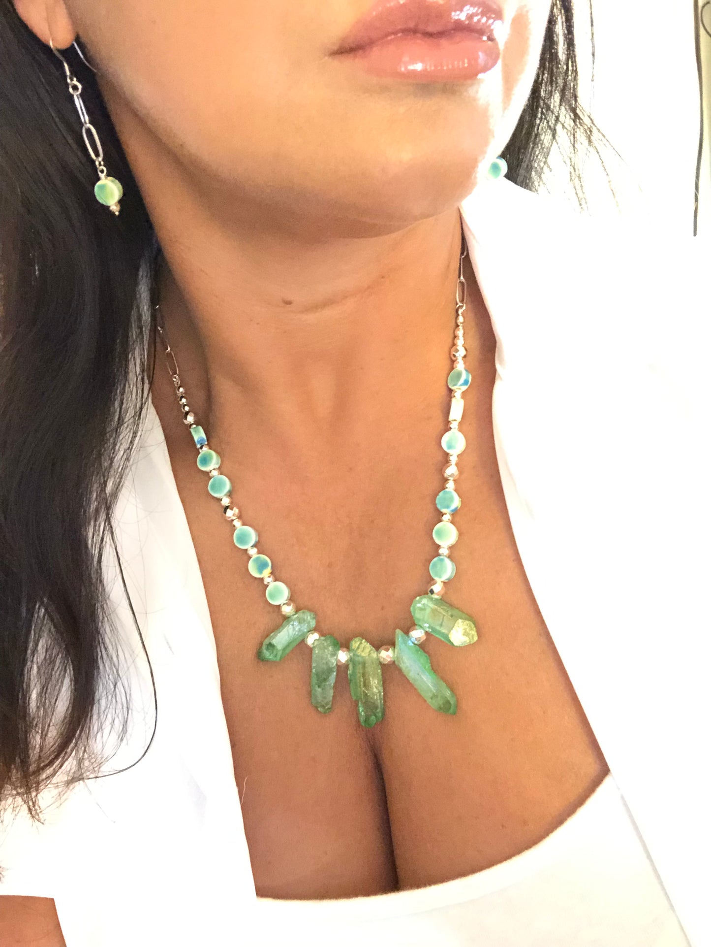 2pc Sea Blues Greens Ceramic Green Quartz Focal Necklace Set,