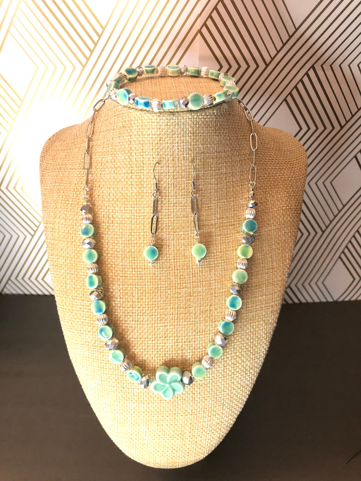 3pc Sea Blue and Green Ceramic Necklace Set Flower Focal