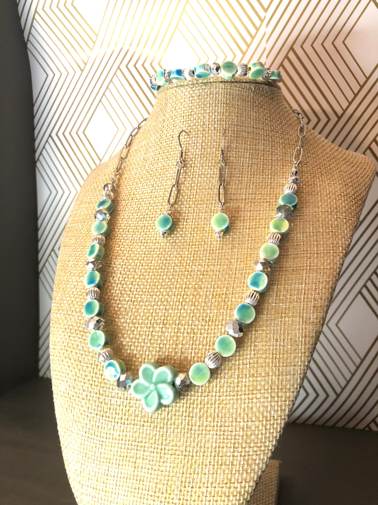 3pc Sea Blue and Green Ceramic Necklace Set Flower Focal