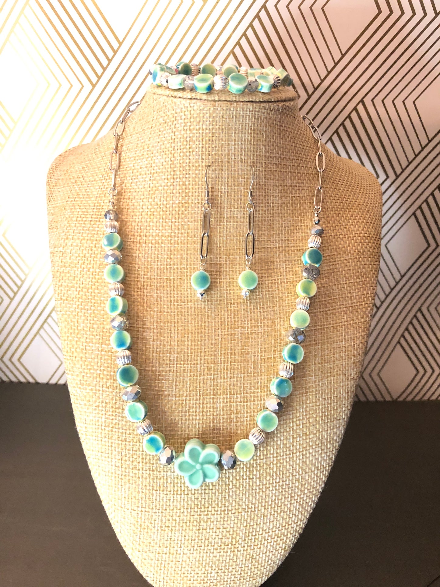 3pc Sea Blue and Green Ceramic Necklace Set Flower Focal