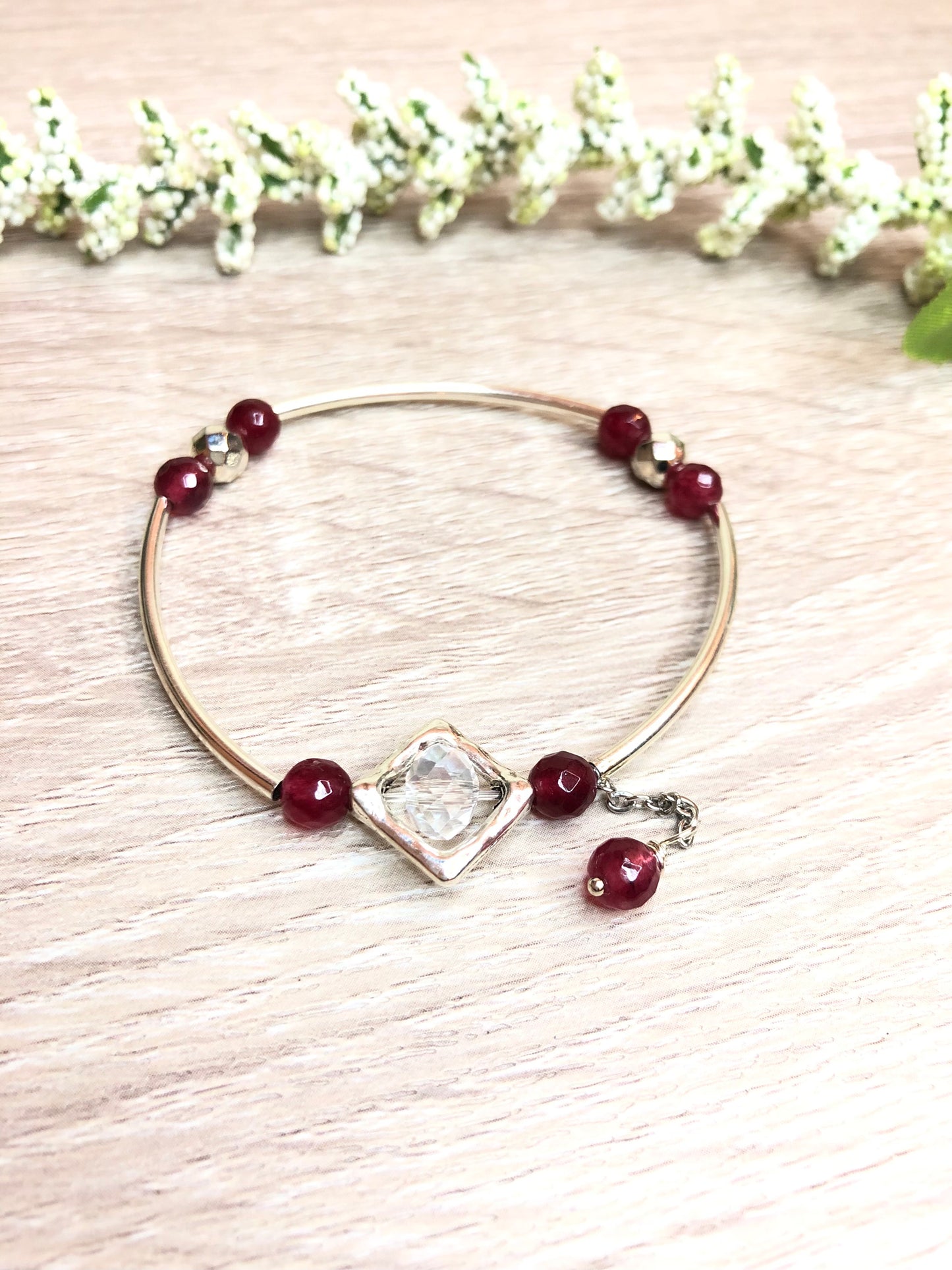 Red Garnet Silver Bangle Bracelet