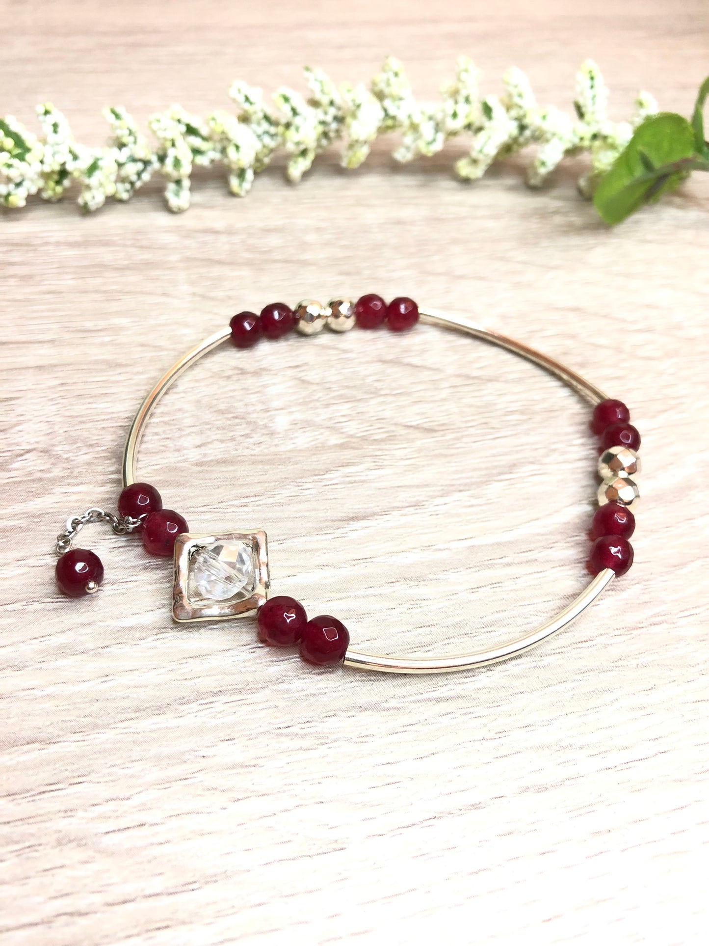 Red Garnet Silver Bangle Bracelet