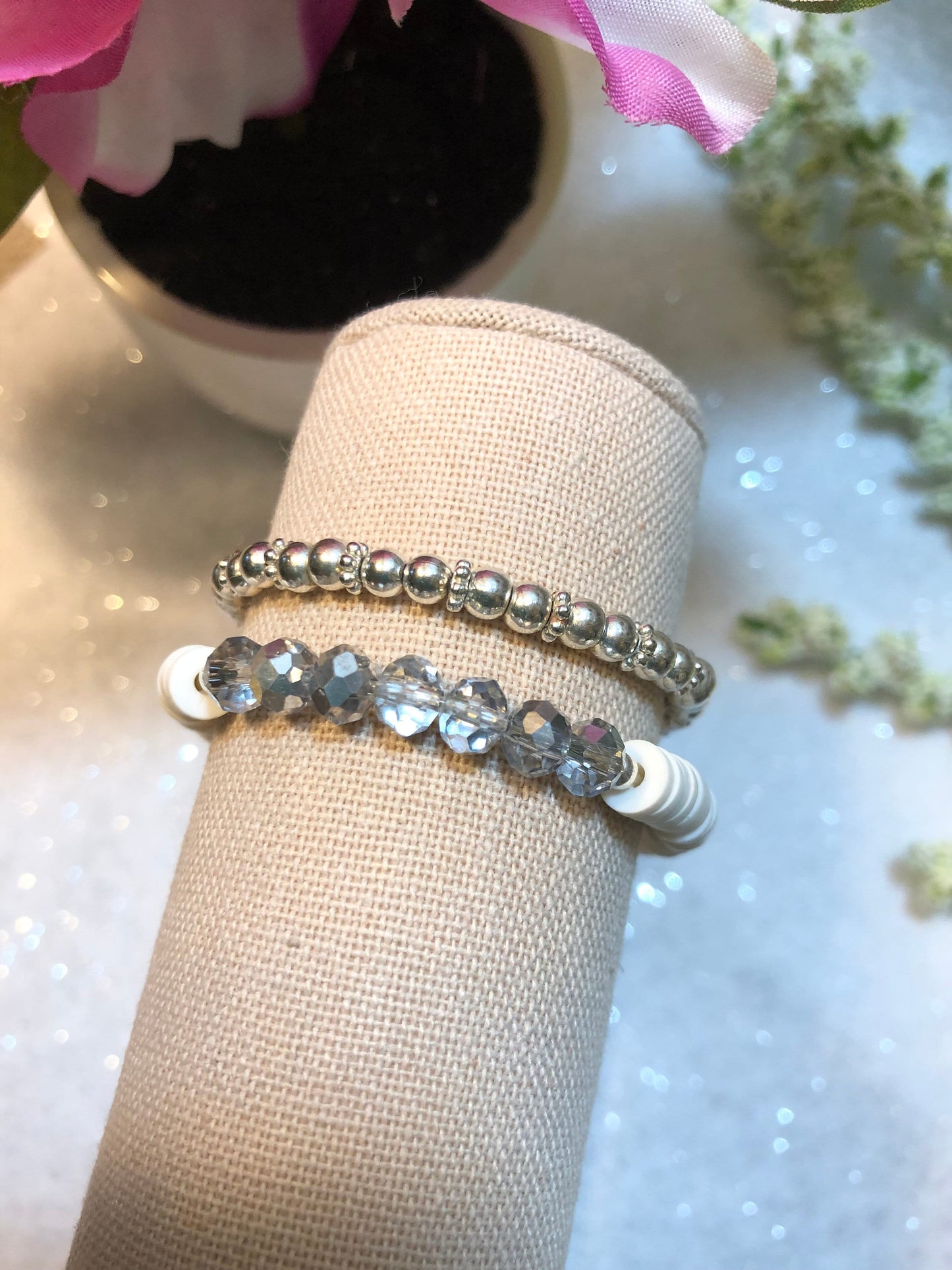 White Heishi Silver Crystal Bracelets