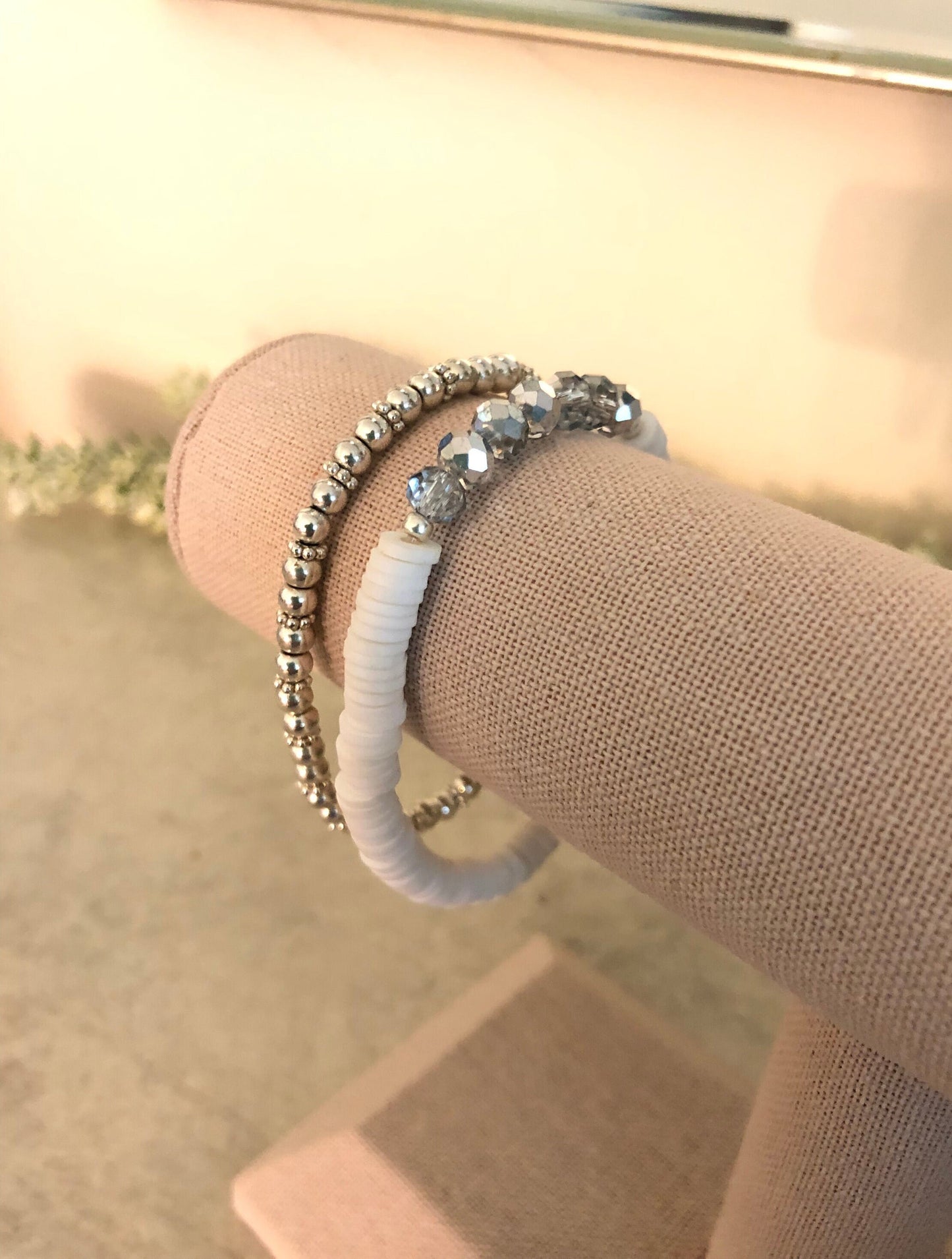 White Heishi Silver Crystal Bracelets