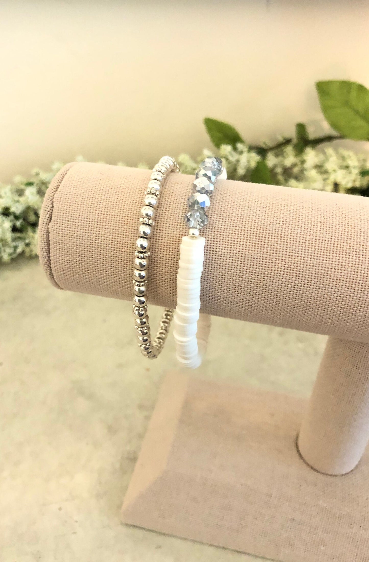 White Heishi Silver Crystal Bracelets