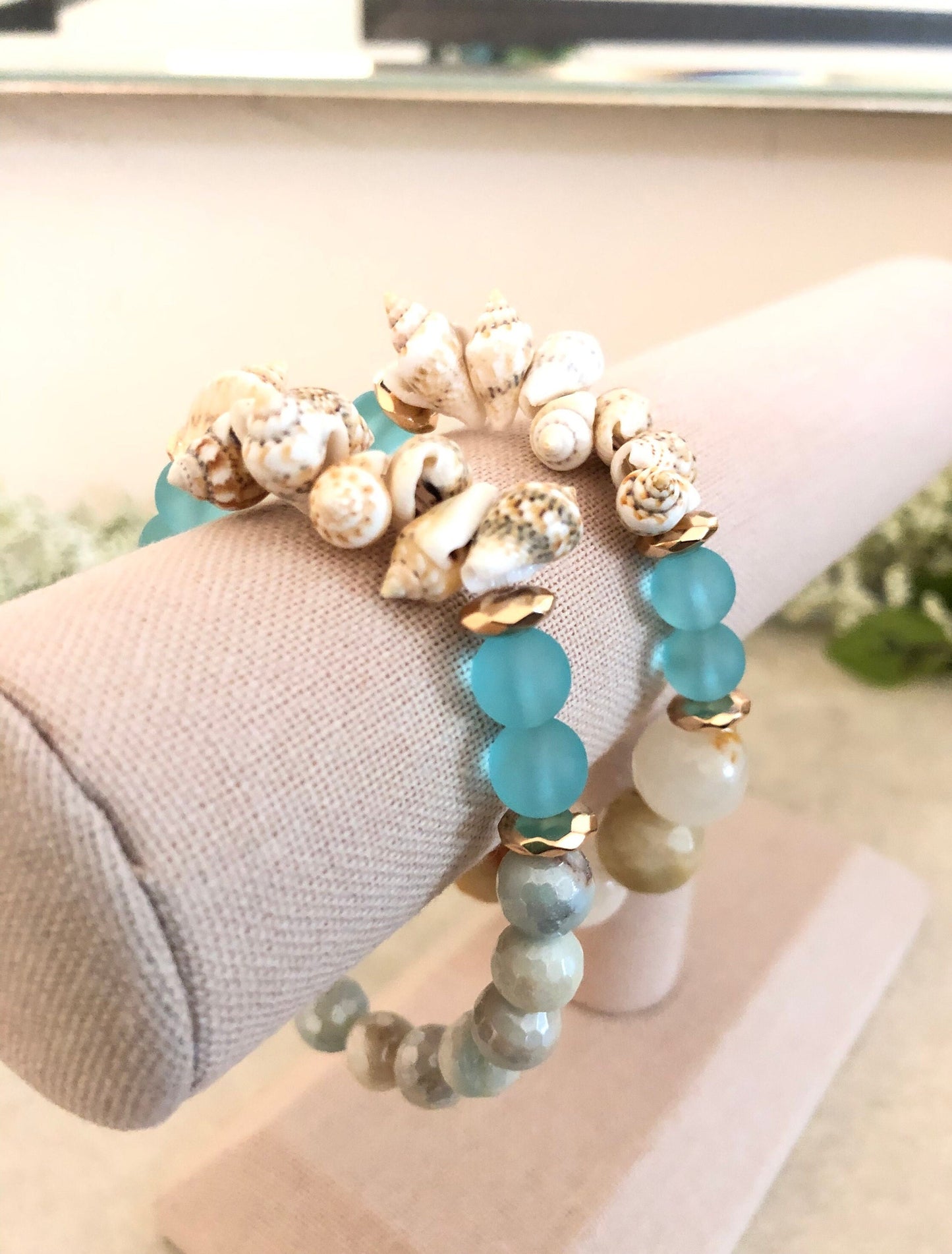 Boho Amazonite Jade Sea Glass Chunky Bracelet