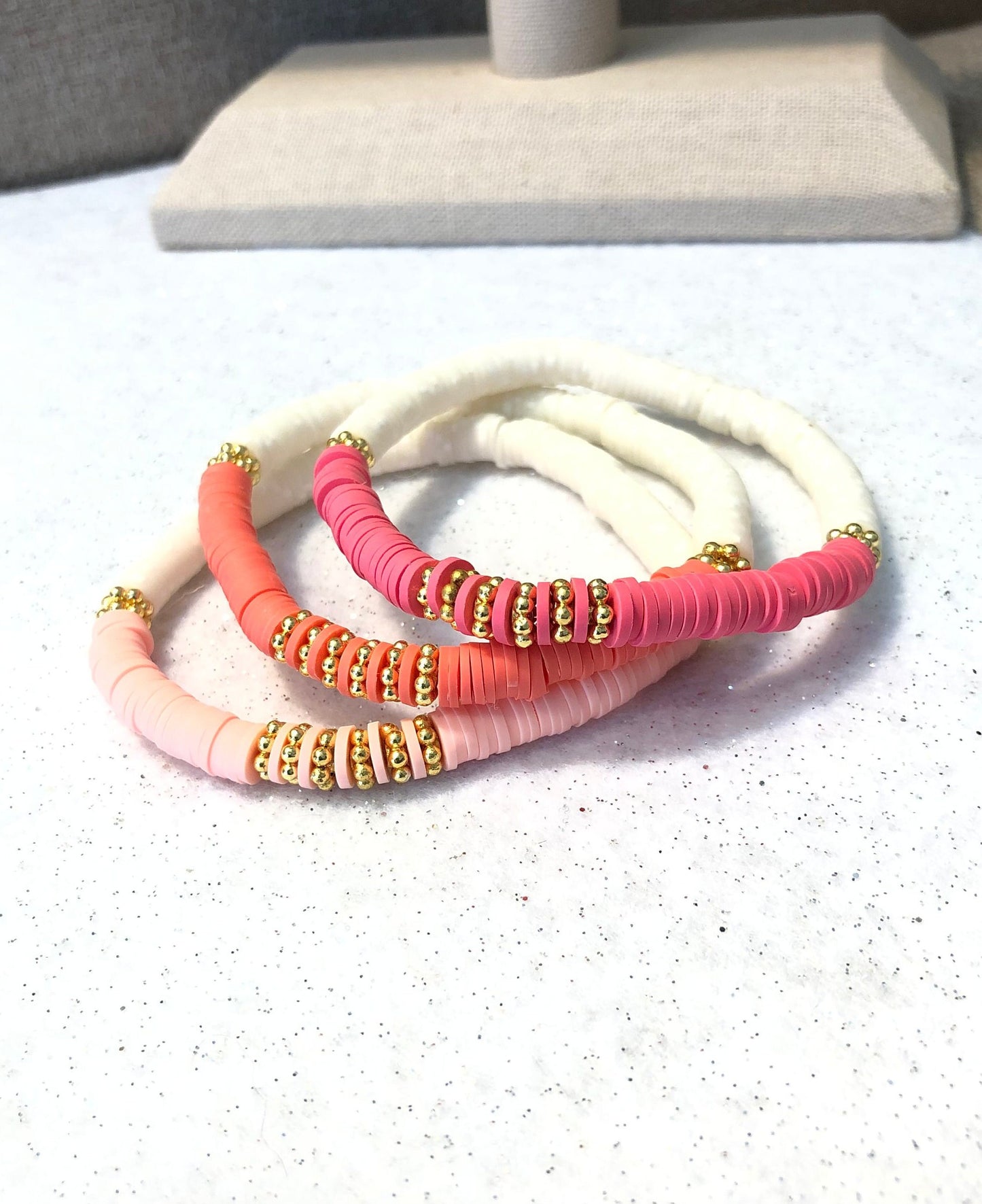 Pink Jubilee Gold Heishi Bracelets