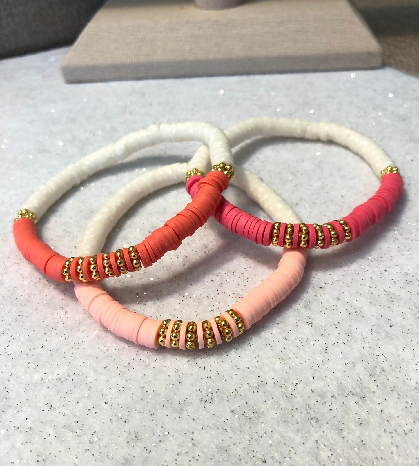 Pink Jubilee Gold Heishi Bracelets