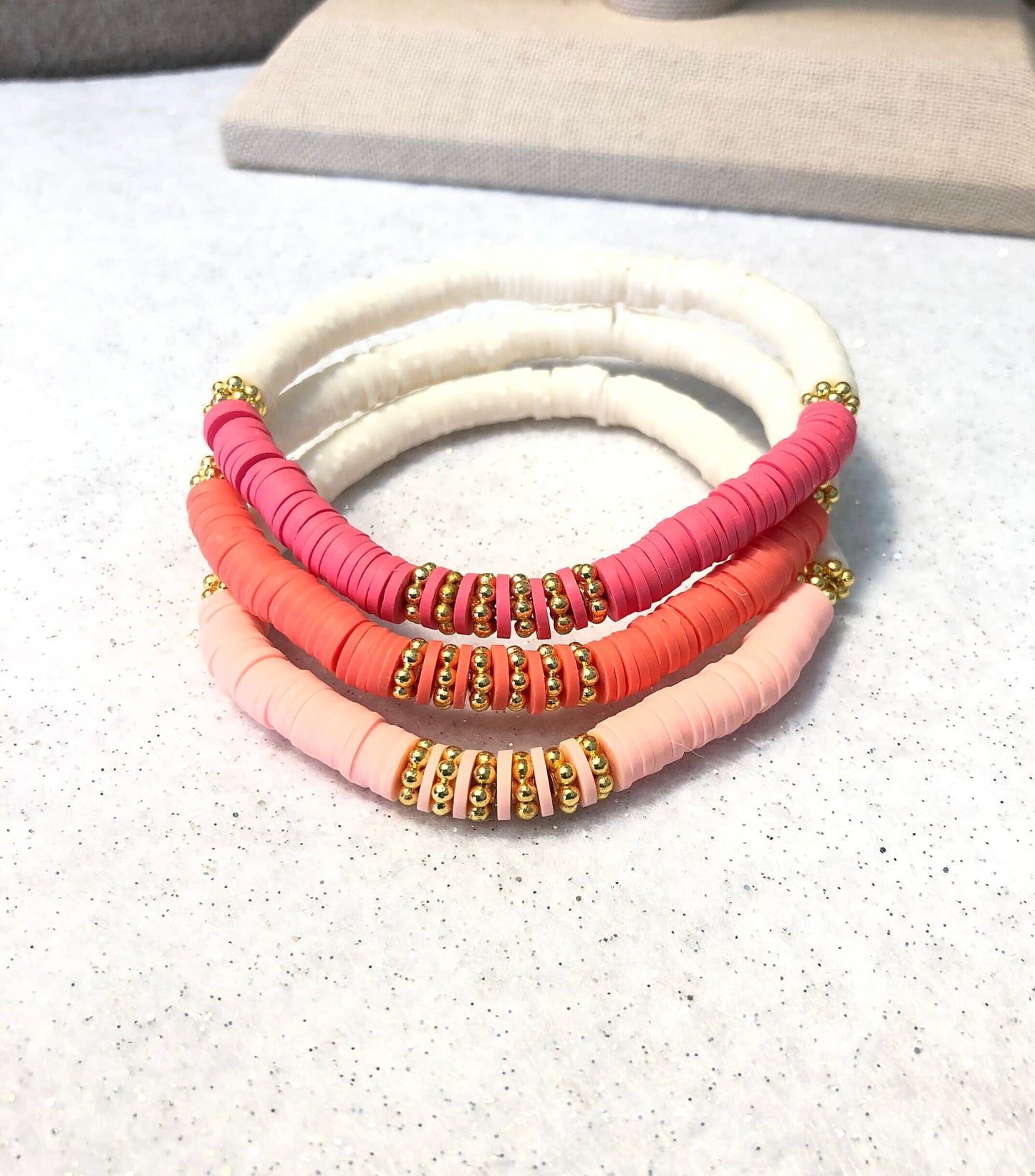 Pink Jubilee Gold Heishi Bracelets