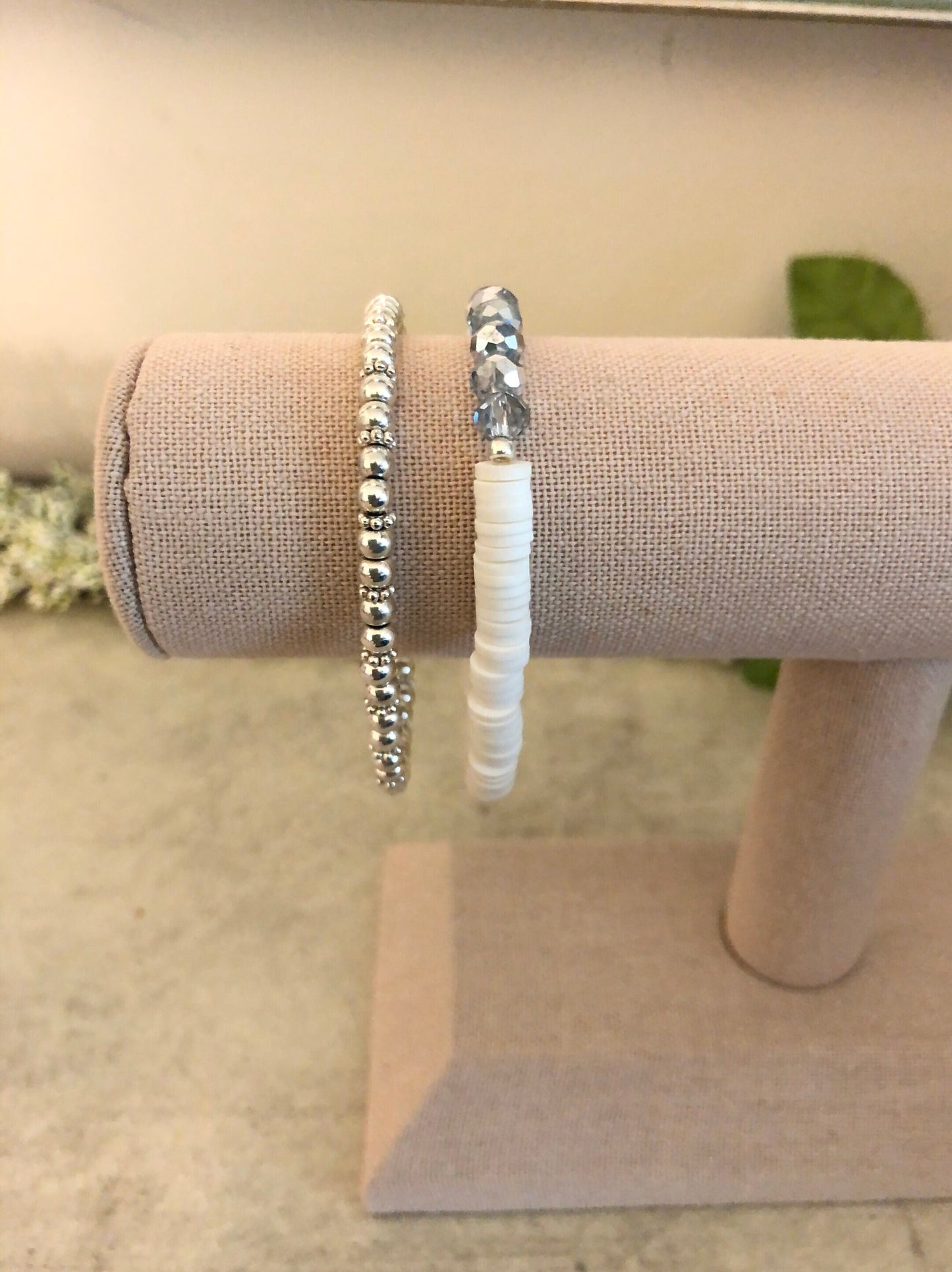 White Heishi Silver Crystal Bracelets