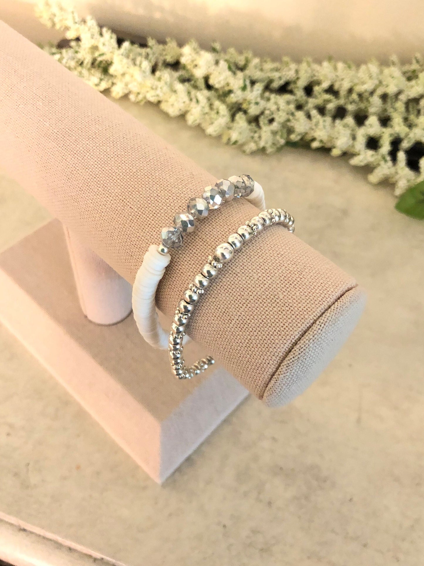 White Heishi Silver Crystal Bracelets