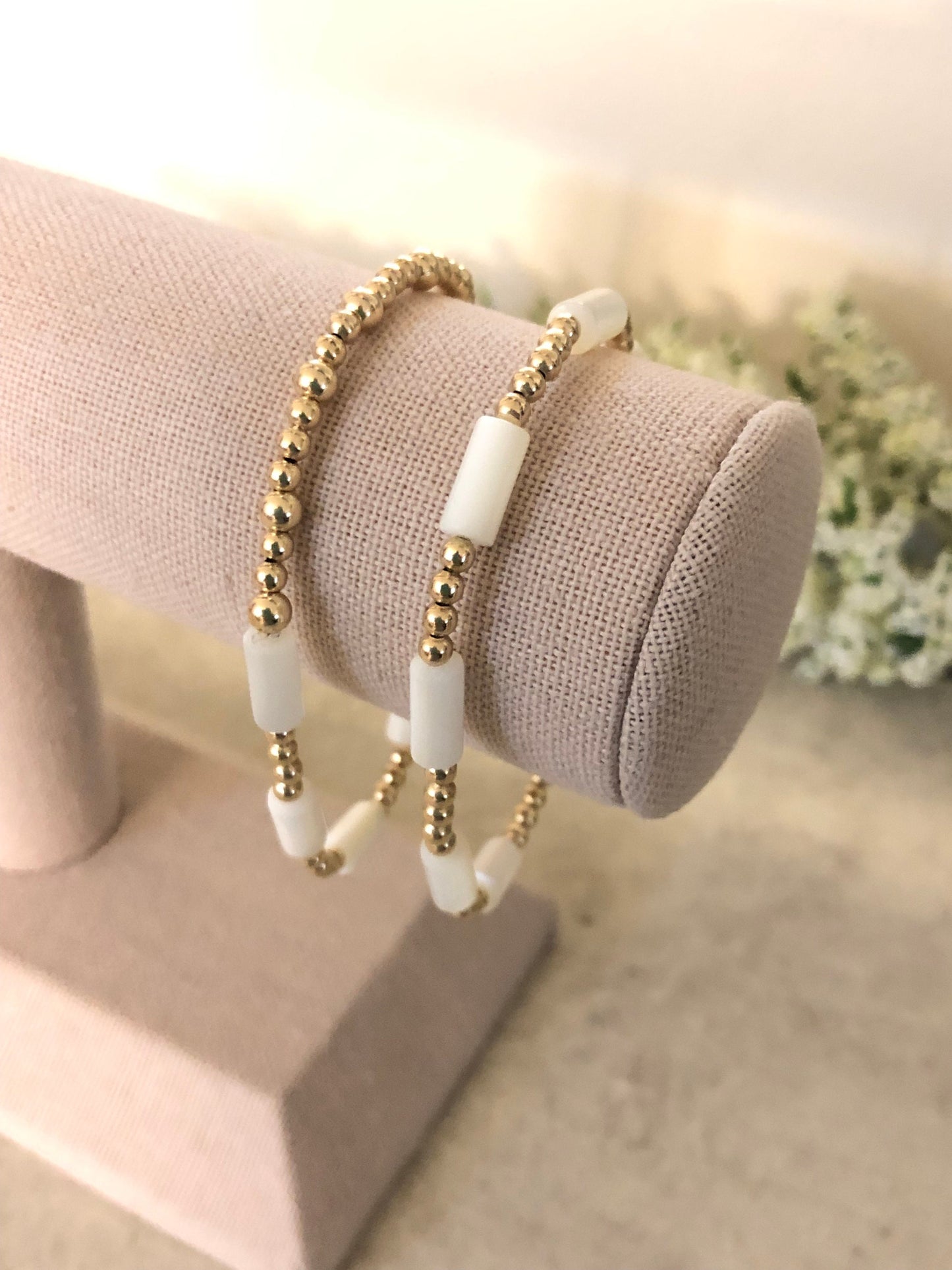 14K Gold Filled Bead Tarnish Resistant/ Freshwater Pearl Stretch Bracelet