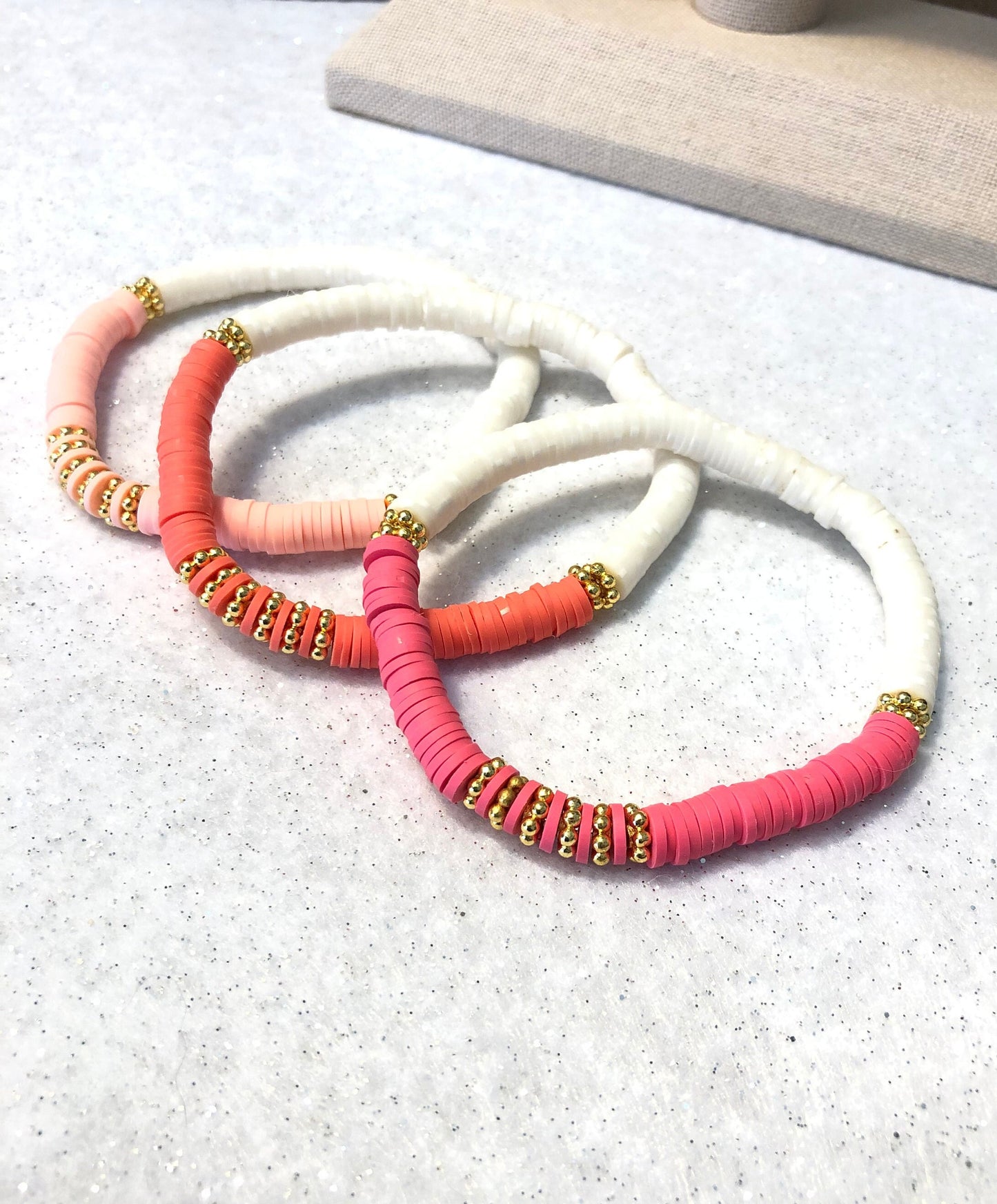 Pink Jubilee Gold Heishi Bracelets